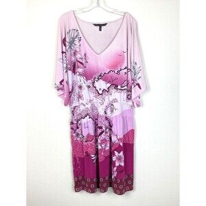 White House Black Market V-Neck Dress L Pink Fiji Islands Smocked Waist Tropical